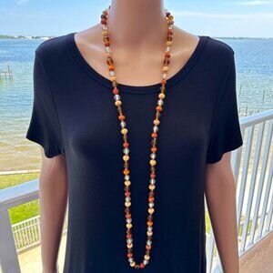 Boho Necklace Long Length Wood Glass Beads Hand Knotted 46 Inch